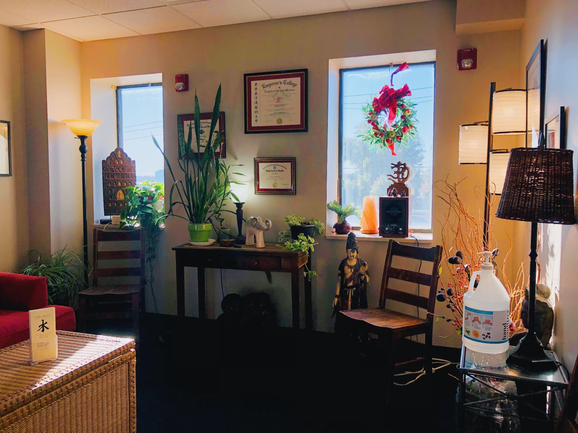 Reception area with plants, lamps, and framed credentials